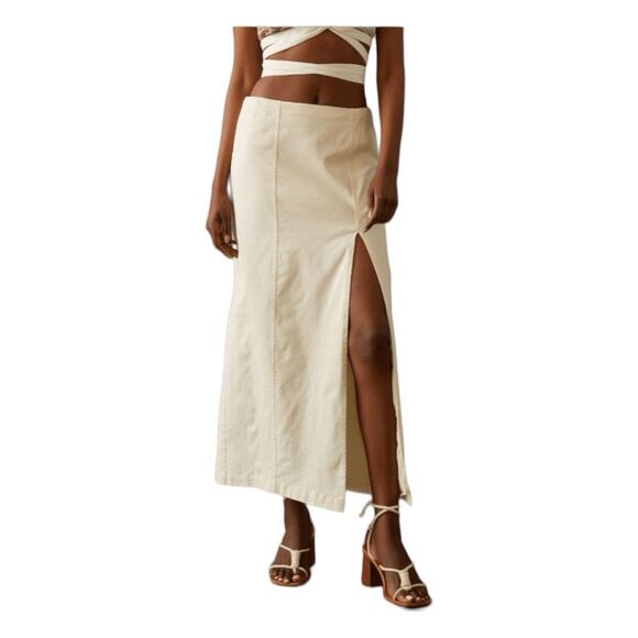 Anthropologie Cotton Maxi Skirt Cream Knit Front Slit Side Zipper 16 - Picture 1 of 8